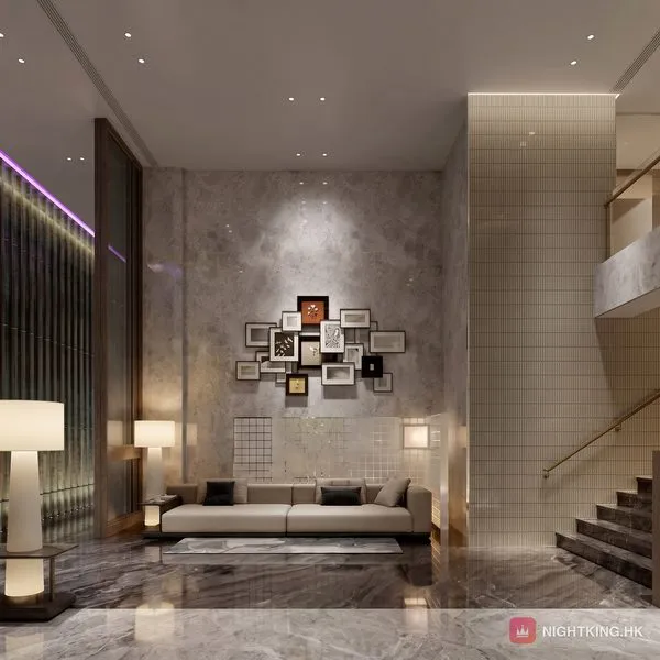 巨亨桑拿 大堂落腳區・水磨石牆配藝術相框同雲石樓梯