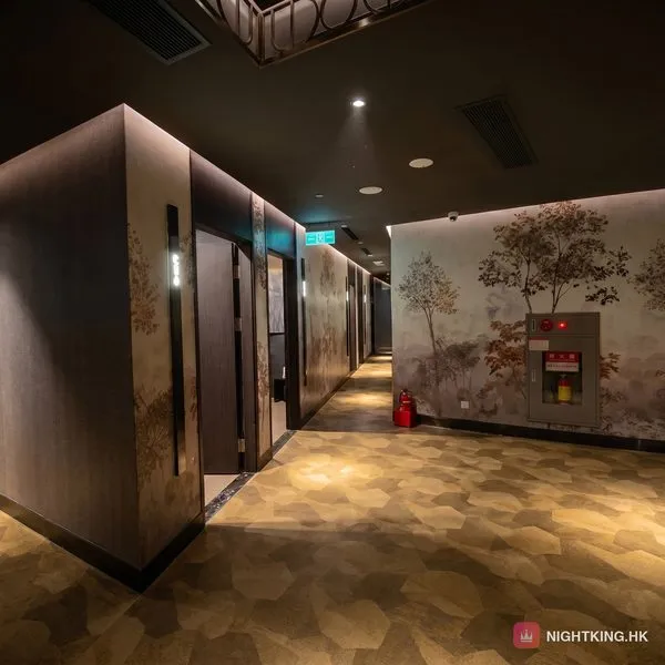 曼濠水療 壁畫迴廊・水墨樹影壁紙配六角形地毯